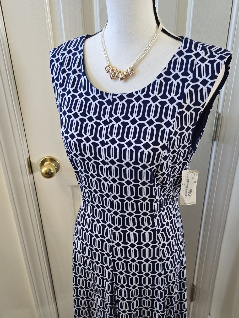 R&K BRAND WOMEN'S NAVY BLUE & WHITE ASYMMETRICAL SLEEVELESS SUMMER DRESS SIZE 12
